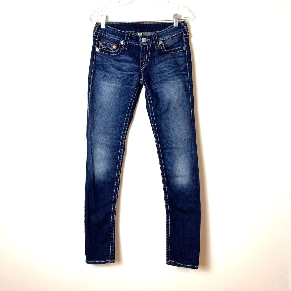 True Religion Skinny Jeans Big Tall Size 27 Blue Dark Wash Low Rise Stiched L30"